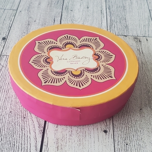 Vera Bradley Coaster Set Cardboard 7 Pink/Yellow. - Picture 3 of 10